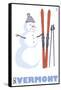 Vermont, Snowman with Skis-Lantern Press-Framed Stretched Canvas
