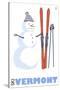 Vermont, Snowman with Skis-Lantern Press-Stretched Canvas