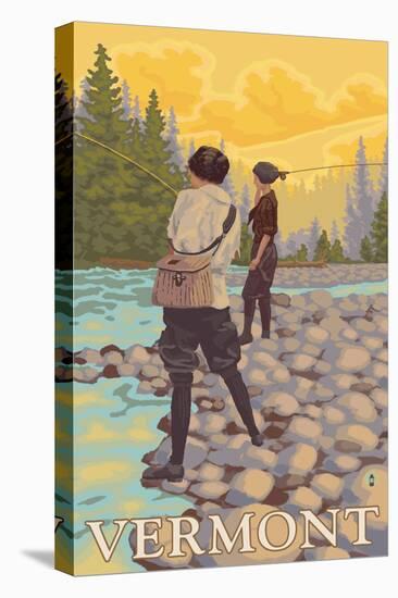 Vermont - Women Fly Fishing Scene-Lantern Press-Stretched Canvas