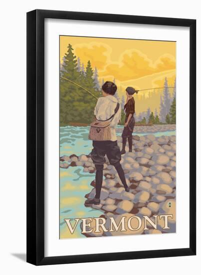 Vermont - Women Fly Fishing Scene-Lantern Press-Framed Art Print