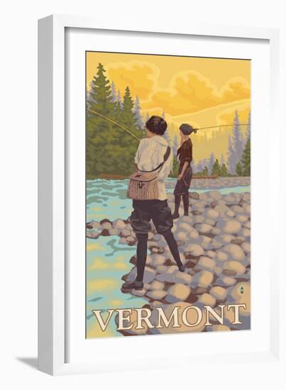 Vermont - Women Fly Fishing Scene-Lantern Press-Framed Art Print