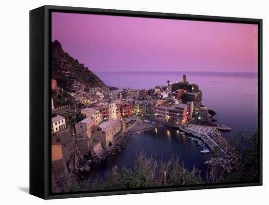 Vernazza Harbour at Dusk, Vernazza, Cinque Terre, UNESCO World Heritage Site, Liguria, Italy-Patrick Dieudonne-Framed Stretched Canvas