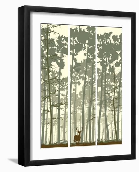 Vertical Banners of Deer in Coniferous Wood.-Vertyr-Framed Art Print