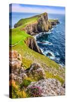 Vertical View of Neist Point Lighthouse and Rocky Ocean Coastline, Scotland-MartinM303-Stretched Canvas