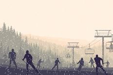Horizontal Vector Illustration Skiers in Hills of Coniferous Forest at Snowfall Sunset.-Vertyr-Art Print