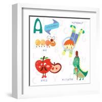 Very Cute Alphabet.A Letter. Ant, Astronaut, Apple, Alligator.-Ovocheva-Framed Art Print