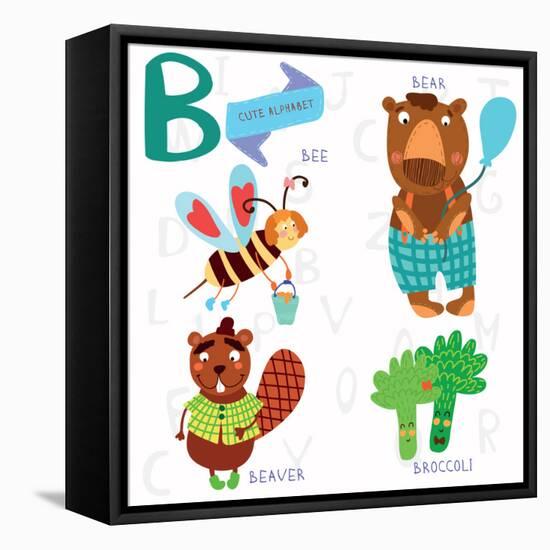 Very Cute Alphabet.B Letter. Bee, Beaver, Bear, Broccoli.-Ovocheva-Framed Stretched Canvas