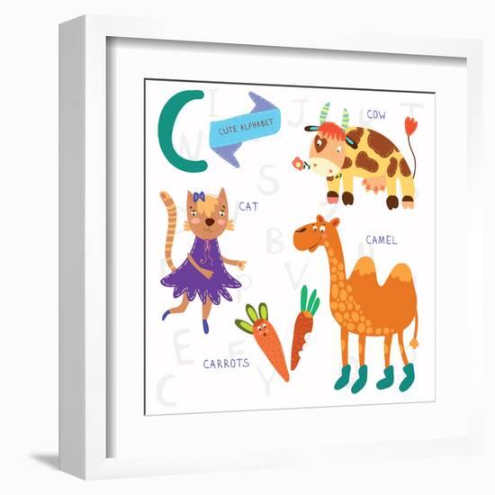 Very Cute Alphabet.C Letter. Cat, Cow, Camel, Carrots. Alphabet-Ovocheva-Framed Art Print