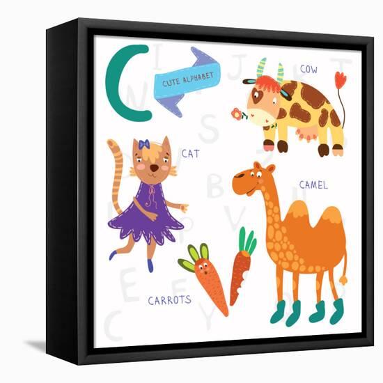 Very Cute Alphabet.C Letter. Cat, Cow, Camel, Carrots. Alphabet-Ovocheva-Framed Stretched Canvas