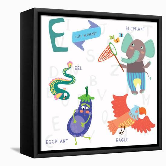 Very Cute Alphabet.E Letter. Elephant, Eagle, Eggplant, Eel.-Ovocheva-Framed Stretched Canvas