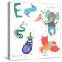 Very Cute Alphabet.E Letter. Elephant, Eagle, Eggplant, Eel.-Ovocheva-Stretched Canvas