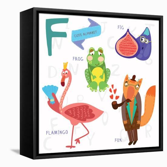 Very Cute Alphabet.F Letter. Flamingos, Figs, Fox, Frog.-Ovocheva-Framed Stretched Canvas