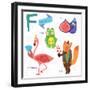 Very Cute Alphabet.F Letter. Flamingos, Figs, Fox, Frog.-Ovocheva-Framed Premium Giclee Print