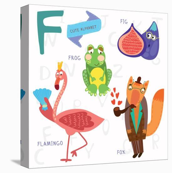 Very Cute Alphabet.F Letter. Flamingos, Figs, Fox, Frog.-Ovocheva-Stretched Canvas