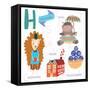 Very Cute Alphabet.H Letter. Hedgehog, House, Hippopotamus,Huckle Berry.-Ovocheva-Framed Stretched Canvas