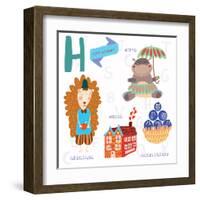 Very Cute Alphabet.H Letter. Hedgehog, House, Hippopotamus,Huckle Berry.-Ovocheva-Framed Art Print