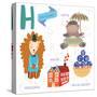 Very Cute Alphabet.H Letter. Hedgehog, House, Hippopotamus,Huckle Berry.-Ovocheva-Stretched Canvas