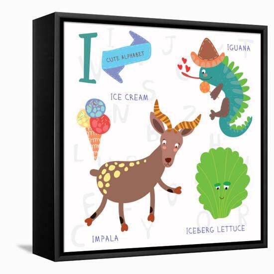 Very Cute Alphabet.I Letter. Iceberg Lettuce, Iguana, Ice Cream, Impala.-Ovocheva-Framed Stretched Canvas