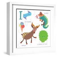 Very Cute Alphabet.I Letter. Iceberg Lettuce, Iguana, Ice Cream, Impala.-Ovocheva-Framed Art Print