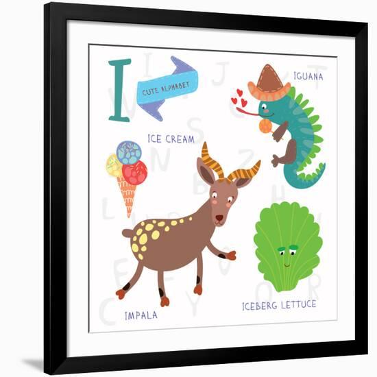 Very Cute Alphabet.I Letter. Iceberg Lettuce, Iguana, Ice Cream, Impala.-Ovocheva-Framed Art Print