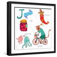 Very Cute Alphabet. J Letter. Jam, Jalapeno, Jellyfish, Jaguar-Ovocheva-Framed Art Print