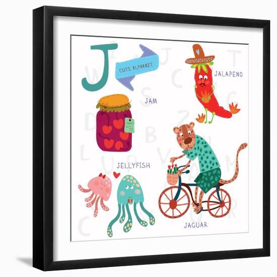 Very Cute Alphabet. J Letter. Jam, Jalapeno, Jellyfish, Jaguar-Ovocheva-Framed Art Print