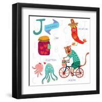 Very Cute Alphabet. J Letter. Jam, Jalapeno, Jellyfish, Jaguar-Ovocheva-Framed Art Print