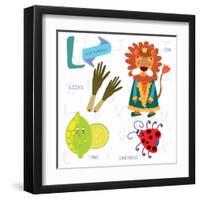 Very Cute Alphabet.L Letter.Leeks, Lion, Ladybug, Lime.-Ovocheva-Framed Art Print