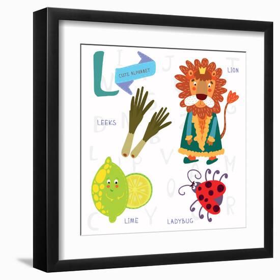 Very Cute Alphabet.L Letter.Leeks, Lion, Ladybug, Lime.-Ovocheva-Framed Art Print