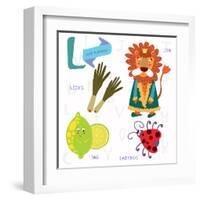 Very Cute Alphabet.L Letter.Leeks, Lion, Ladybug, Lime.-Ovocheva-Framed Art Print