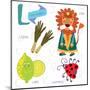 Very Cute Alphabet.L Letter.Leeks, Lion, Ladybug, Lime.-Ovocheva-Mounted Art Print