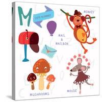 Very Cute Alphabet.M Letter.Monkey, Mushrooms, Mail, Mailbox, Mouse.-Ovocheva-Stretched Canvas