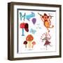 Very Cute Alphabet.M Letter.Monkey, Mushrooms, Mail, Mailbox, Mouse.-Ovocheva-Framed Art Print