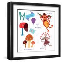 Very Cute Alphabet.M Letter.Monkey, Mushrooms, Mail, Mailbox, Mouse.-Ovocheva-Framed Art Print