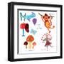 Very Cute Alphabet.M Letter.Monkey, Mushrooms, Mail, Mailbox, Mouse.-Ovocheva-Framed Art Print