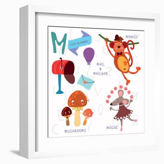 Very Cute Alphabet.M Letter.Monkey, Mushrooms, Mail, Mailbox, Mouse.-Ovocheva-Framed Art Print