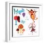 Very Cute Alphabet.M Letter.Monkey, Mushrooms, Mail, Mailbox, Mouse.-Ovocheva-Framed Art Print