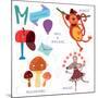 Very Cute Alphabet.M Letter.Monkey, Mushrooms, Mail, Mailbox, Mouse.-Ovocheva-Mounted Art Print