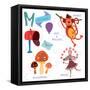 Very Cute Alphabet.M Letter.Monkey, Mushrooms, Mail, Mailbox, Mouse.-Ovocheva-Framed Stretched Canvas