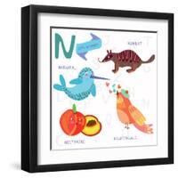 Very Cute Alphabet.N Letter.Narwhal,Numb At,Nightingale, Nectarine.-Ovocheva-Framed Art Print