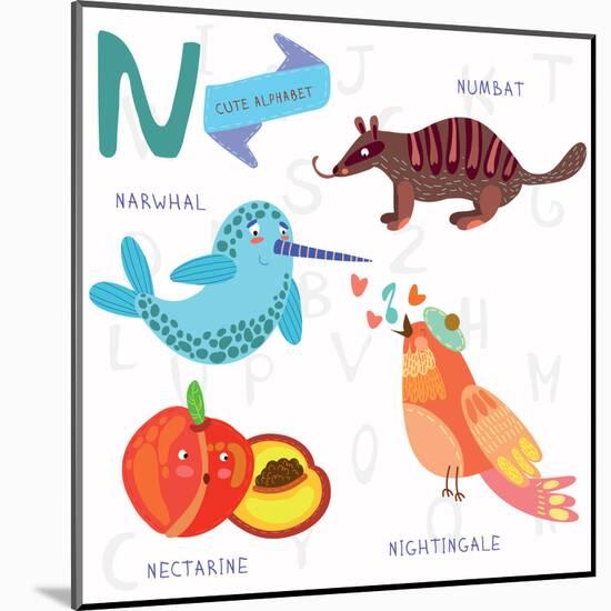 Very Cute Alphabet.N Letter.Narwhal,Numb At,Nightingale, Nectarine.-Ovocheva-Mounted Art Print