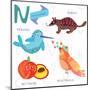 Very Cute Alphabet.N Letter.Narwhal,Numb At,Nightingale, Nectarine.-Ovocheva-Mounted Art Print