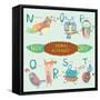 Very Cute Alphabet. N, O, P, Q, R, S, T Letters. Nightingale, Owl, Penguin, Quail, Rabbit, Sheep, T-Ovocheva-Framed Stretched Canvas