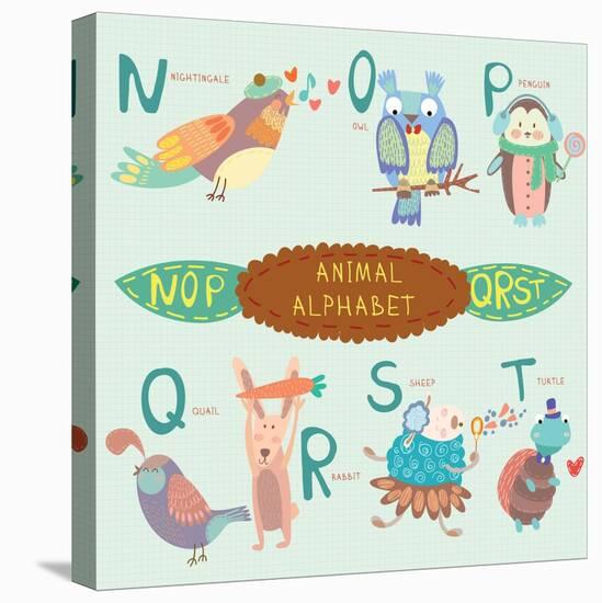 Very Cute Alphabet. N, O, P, Q, R, S, T Letters. Nightingale, Owl, Penguin, Quail, Rabbit, Sheep, T-Ovocheva-Stretched Canvas