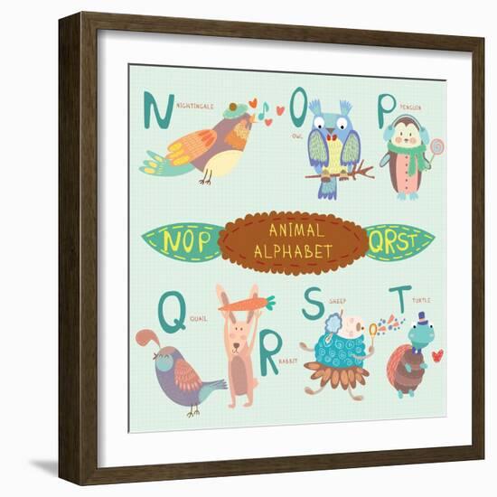 Very Cute Alphabet. N, O, P, Q, R, S, T Letters. Nightingale, Owl, Penguin, Quail, Rabbit, Sheep, T-Ovocheva-Framed Art Print