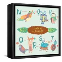 Very Cute Alphabet. N, O, P, Q, R, S, T Letters. Nightingale, Owl, Penguin, Quail, Rabbit, Sheep, T-Ovocheva-Framed Stretched Canvas