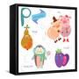 Very Cute Alphabet.P Letter. Pear, Pig, Penguin, Plum.-Ovocheva-Framed Stretched Canvas