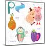 Very Cute Alphabet.P Letter. Pear, Pig, Penguin, Plum.-Ovocheva-Mounted Art Print