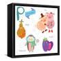 Very Cute Alphabet.P Letter. Pear, Pig, Penguin, Plum.-Ovocheva-Framed Stretched Canvas