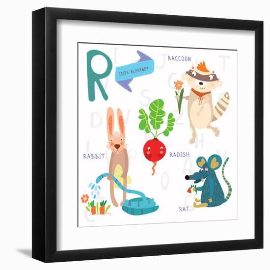 Very Cute Alphabet.R Letter.Rat, Raccoon, Radishes, Rabbit.-Ovocheva-Framed Art Print